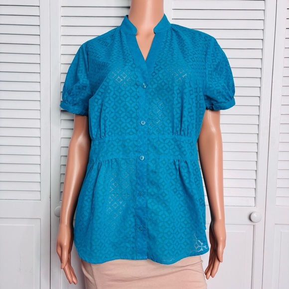 ATTENTION Semi Sheer Short Sleeve Button Down Blouse in Blue Size Large - Picture 1 of 8